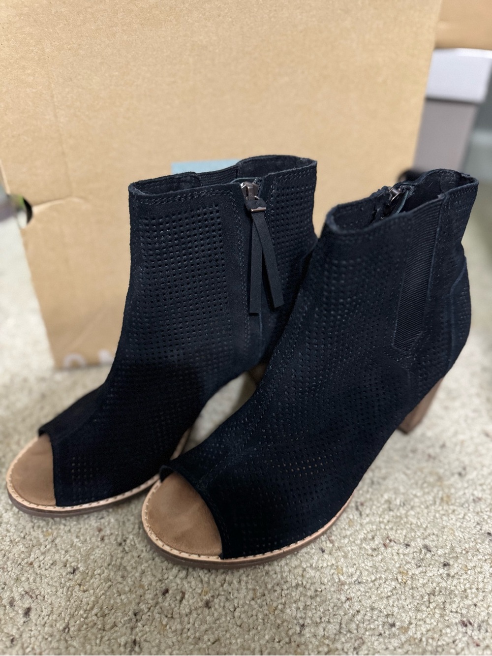 Toms Black Suede Peep-Toe Ankle Booties with Tassel Zip